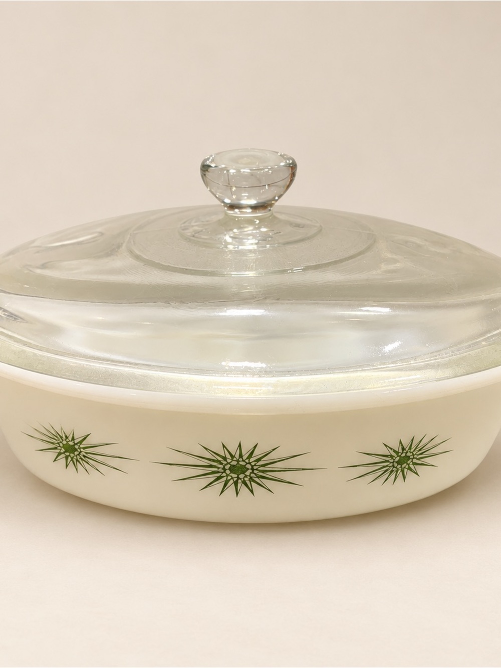 Milk Glass Casserole Dish with Green Starburst Pattern and Clear Glass Lid